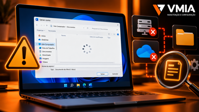 Programa travando ao abrir a janela Salvar como no Windows 11, com diagnóstico de falhas de rede, OneDrive e Explorador de Arquivos.