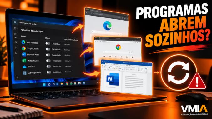 Programas abrem sozinhos no Windows 11 mesmo desativados na Inicialização, com Edge, Chrome e Word abrindo após reiniciar o computador.