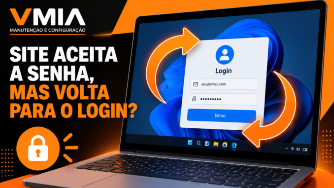 Notebook com Windows 11 exibindo uma tela de login e setas laranjas circulares que representam um loop de autenticação.