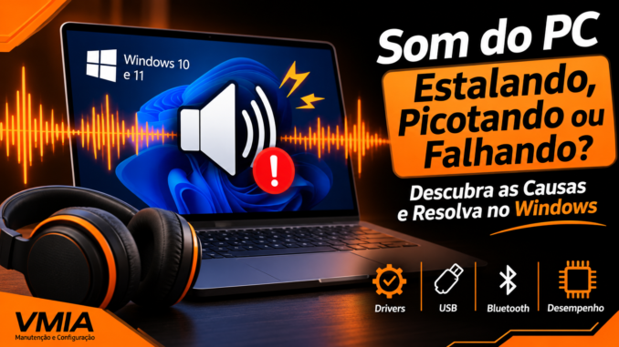 Notebook com Windows 11 apresentando falhas de áudio, estalos e som picotando, com fone de ouvido e indicadores de drivers, USB e Bluetooth.