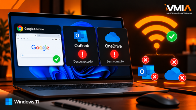 Notebook com Windows 11 e Wi-Fi conectado, Google Chrome funcionando, mas Outlook desconectado e OneDrive sem conexão com a Internet.