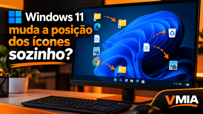 Windows 11 com ícones da Área de Trabalho desorganizados e setas indicando mudanças de posição dos atalhos.