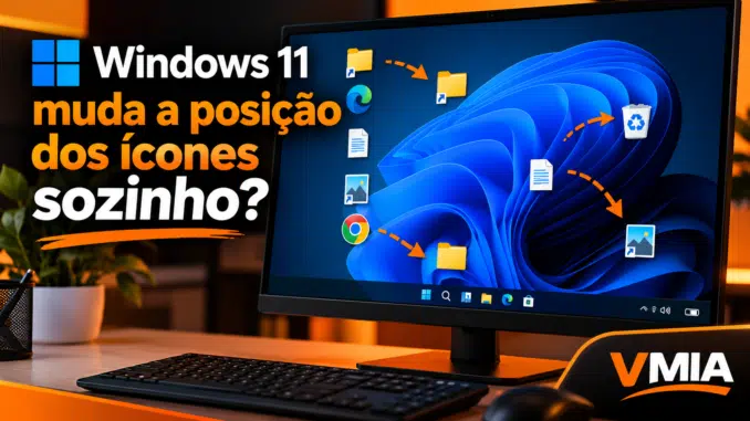 Windows 11 com ícones da Área de Trabalho desorganizados e setas indicando mudanças de posição dos atalhos.