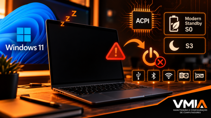 Notebook com Windows 11 não volta da suspensão e apresenta tela preta, com alerta de energia, ACPI e Modern Standby S0 e S3.