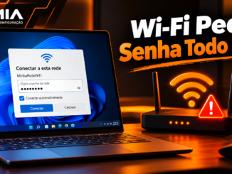 Notebook Com Windows 11 Solicitando Novamente A Senha Do Wi-Fi, Ao Lado De Roteador Com Alerta De Autenticação E Sinal De Rede Sem Fio.