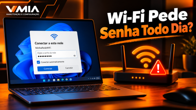 Notebook com Windows 11 solicitando novamente a senha do Wi-Fi, ao lado de roteador com alerta de autenticação e sinal de rede sem fio.