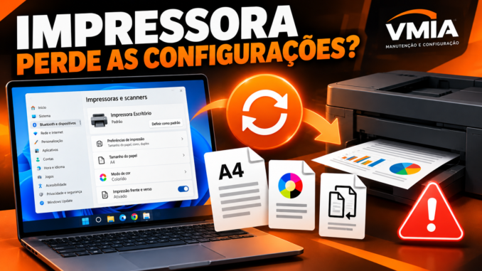 Windows 11 perde configurações da impressora após reiniciar, com notebook exibindo papel A4, impressão colorida, frente e verso e alerta de erro.