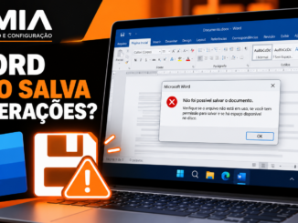 Notebook Com Microsoft Word Aberto Exibindo Erro Ao Salvar Documento, Acompanhado De Ícones De Alerta E Disquete Na Identidade Visual Laranja E Preta Da Vmia.